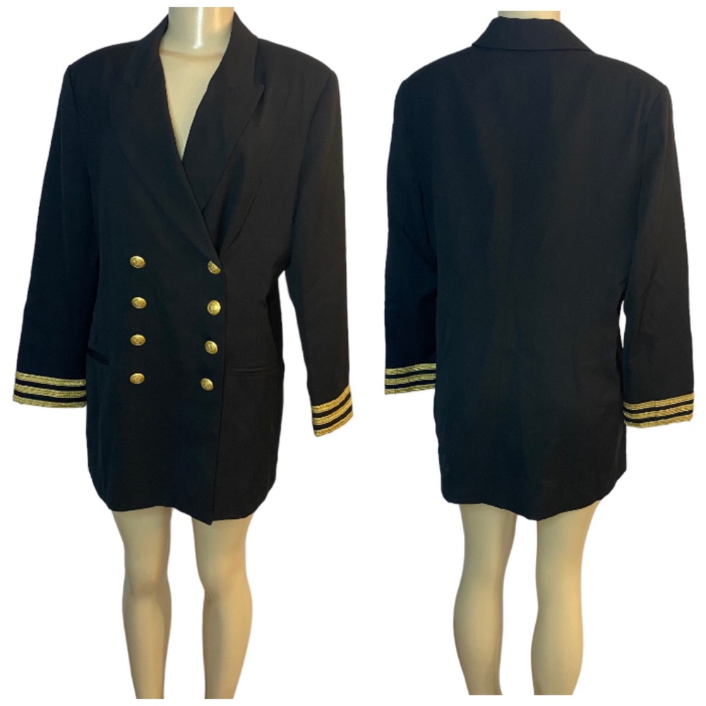Town & Travel Vintage 80s Black Military Style Blazer Suit Jacket Wool Blend